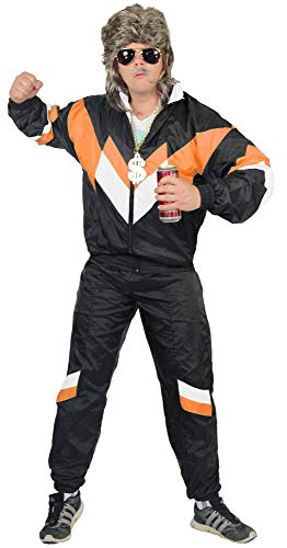 Foxxeo 80er Jahre Kostüm für Erwachsene Premium 80s Trainingsanzug Assianzug Assi - Herren Größe S-XXXXL - Fasching Karneval Anzug, Farbe schwarz orange weiss, Größe: L von Foxxeo