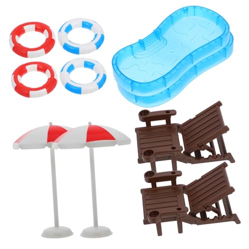 FOYTOKI 2 Sets Miniatur Schwimmbad Zubehör Für Puppenhaus Mini Strandstuhl Mini Regenschirm & Schwimmring Modelle Für Kreative Spielwelten von FOYTOKI