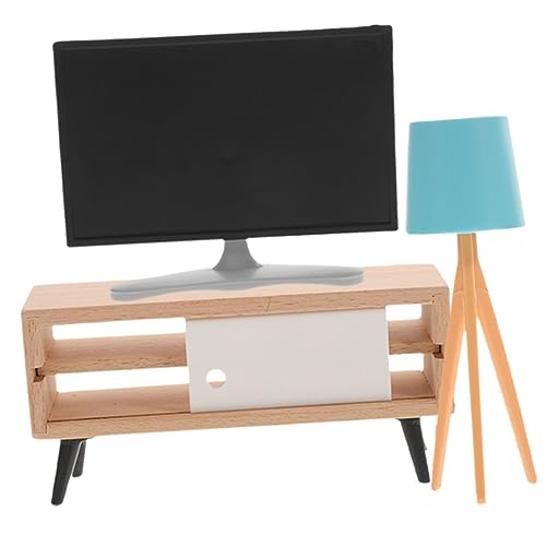 FOYTOKI Miniatur Fernseher Set Für Puppenhaus 3 Teiliges Zubehör Mit Schwarzem Fernseher Weißem TV Schrank Und Blauem Tischlicht Perfekt Für Miniaturdekoration Und Puppenhausmöbel von FOYTOKI