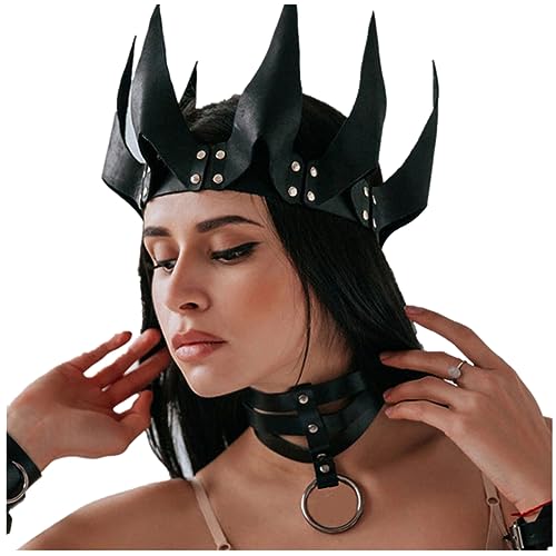 FRALHQFL Leder-Krone Halloween Hexer Make-up Haarband Cosplay Tiara für Ball Party Maskerade MK-22 (schwarz) von FRALHQFL