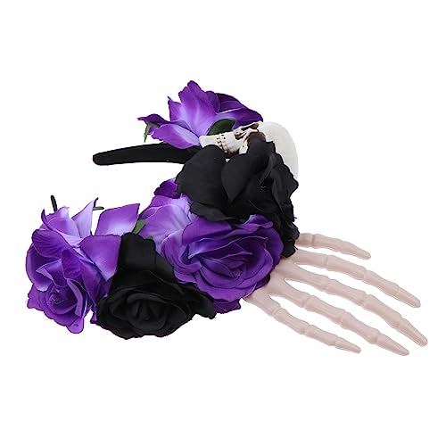 FRCOLOR 1stk Schädel-hand-stirnband Schädelhaar Gesicht Strasssteine Skelett Kostüm Tag Der Toten Kopfschmuck Halloween-blumenschädel-kopfbedeckung Schminksets Für Figur Stoff Black von FRCOLOR