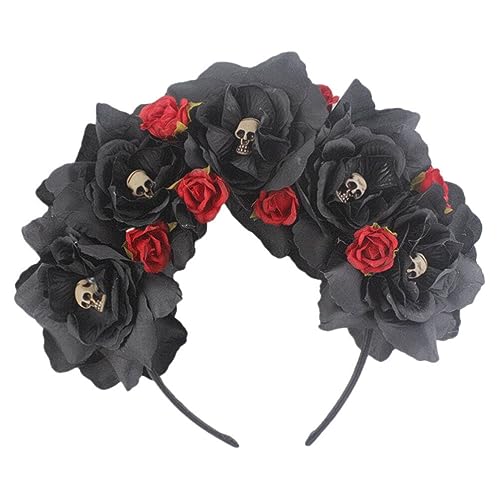 FRCOLOR Halloween-party-stirnband Rosenblütenkronenhochzeit Stirnband Mit Schwarzer Rosenkrone Totenkopf-blumen-stirnband Blumenkopfschmuck Tag Künstliche Stoff Fräulein Skelett von FRCOLOR