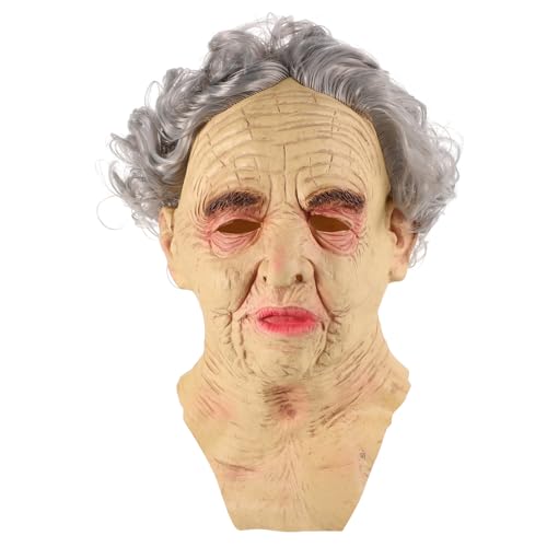 FRCOLOR Kurze Kopf Oma Mask Realistische Perücken Kopfbedeckung Für Cosplay -Party Halloween Kostüm Full Head Human Mask Für Frauen Alte Person Cosplay Maske von FRCOLOR