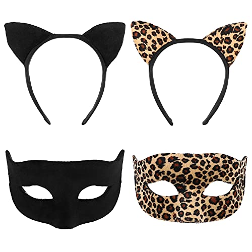 Schwarze Katzenohren Set Katzenohr Stirnband mit Maskerade Halloween Katzenohren Stirnband-Set für Kinder und Erwachsene Cosplay Party Kostüm (Schwarz, Leopardenmuster Stirnband & Maske) von FRCOLOR