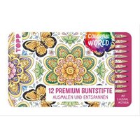 TOPP 18431 Colorful World Designdose mit 12 Buntstiften - 12 Premium Buntstifte mit weichen Minen und 10 Ausmalbildern in Designdose von FRECHVERLAG