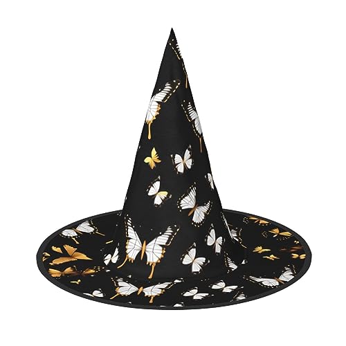 FRESQA Goldene weiße Schmetterlinge, schwarz, stilvoller Hexenhut für Damen, Kostüm für Halloween, Halloween, Partyhut von FRESQA