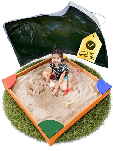 FRIEDO – Sandkasten mit Abdeckung 120x120 cm - Sandbox inkl. Bodenvlies zum Schutz vor Unkraut und Ungeziefer - Buddelkasten mit farbigen Ecken für den Garten - Sandkiste aus Holz mit Abdeckplane von FRIEDO products