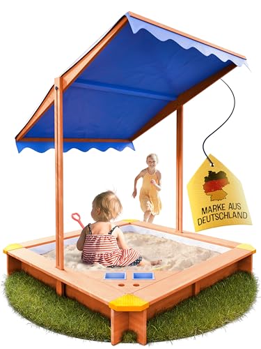 FRIEDO - Sandkasten mit Dach (UV80+) & Matschküche 120x120 cm - Sandkiste inklusive Bodenvlies gegen Unkraut und Ungeziefer - Sandkasten mit Abdeckung aus Holz für Kinder - Outdoor und Garten geeignet von FRIEDO products