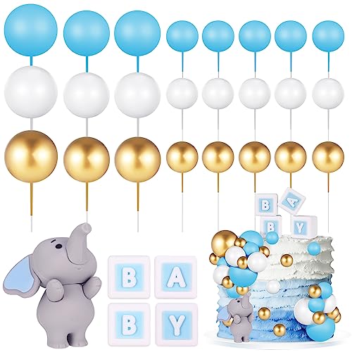 FRIUSATE 26 Stück Elefanten-Kuchendekoration Mini-Kugeln Tortenaufsatz blau Baby Buchstaben Cupcake Topper blau gold weiß Schaumstoffballon Perlenkugel für Babyparty Junge Elefant Thema Geburtstag von FRIUSATE