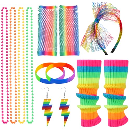 FRIUSATE 80er Jahre Verkleidung Kostüme Zubehör, 1980er Jahre Party Kostüm Zubehör Set Neon Beinstulpen Fischnetz Handschuhe Ohrringe Armband Halskette Stirnband Retro Outfit für 80er Jahre Party von FRIUSATE