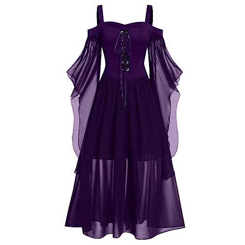 Renaissance-Gothic-Kleid für Damen, Halloween-Kostüm, schulterfrei, Spitze, Trompetenärmel, mittelalterliches Steampunk-Kleid, 05-purple Vintage Dress, 3XL von FRMUIC