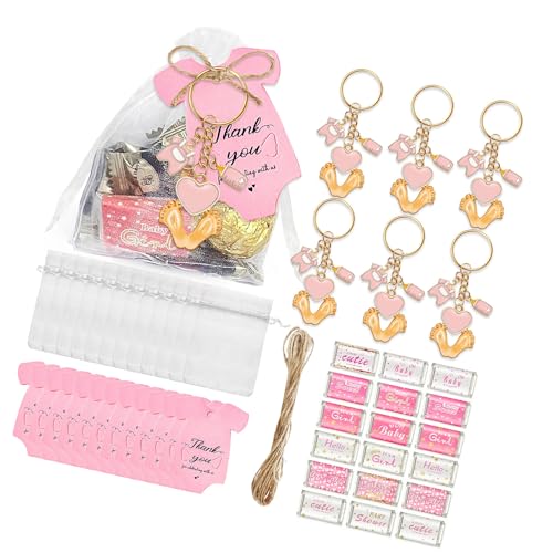 FROMCEO 6/20-teiliges Babyfüßchen-Schlüsselanhänger-Set mit Dankeschön-Etikett, Kordelzug, Beutel, Verpackung, Aufkleber für Hochzeiten, Babypartys von FROMCEO