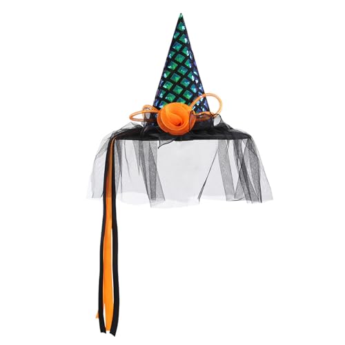 FROMCEO Leuchtender Hexenhut, Dekoration, Halloween, Zauberer-Kappen mit Schleiern, einzigartiges Frauen-Accessoire für Verkleidungen, Kostüm-Dekoration von FROMCEO