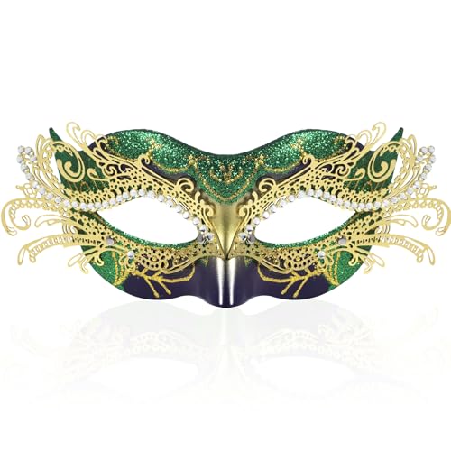 FRUOR 2024 Neue Maskerade Maske mit Strass für Damen, Mädchen Kostüm Maske für Karneval, Neujahrsparty, Weihnachten (Puprle und Grün) von FRUOR