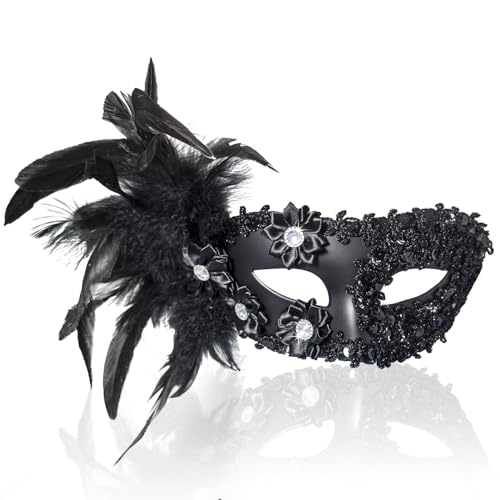 FRUOR 2025 Neue Maskerade Maske für Frauen, Schwarze venezianische Maske mit Federn, Pailletten und Blumen für Halloween Kostüm Karneval von FRUOR