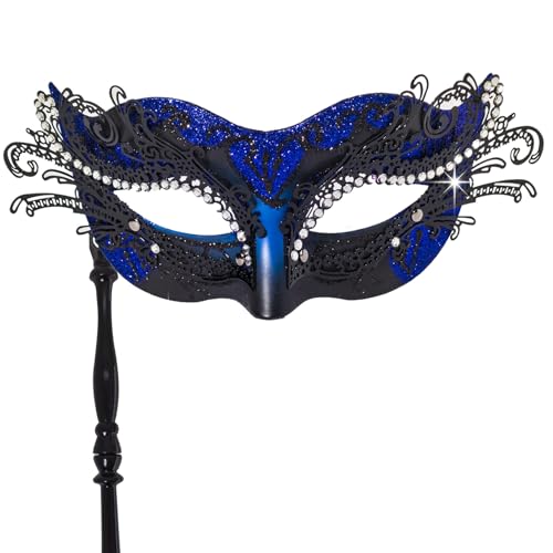 FRUOR Maskerade-Maske mit Stab für Frauen, halbe venezianische Maske, Party-Kostüm-Zubehör für Halloween, Karneval, Ball-Augenmaske (Blau) von FRUOR