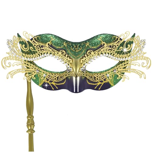 FRUOR Maskerade-Maske mit Stab für Frauen, halbe venezianische Maske, Party-Kostüm-Zubehör für Halloween, Karneval, Ball-Augenmaske (lila) von FRUOR