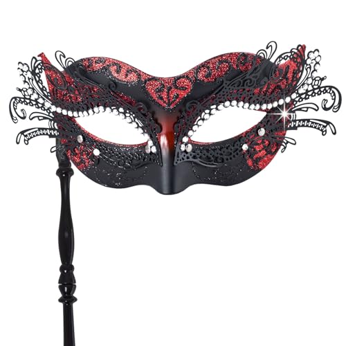 FRUOR Maskerade-Maske mit Stab für Frauen, halbe venezianische Maske, Party-Kostüm-Zubehör für Halloween, Karneval, Ball-Augenmaske (rot) von FRUOR