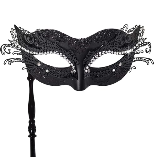 FRUOR Maskerade Maske mit Stab für Frauen, halbe venezianische Maske Party Kostüm Zubehör für Halloween Karneval Ball von FRUOR