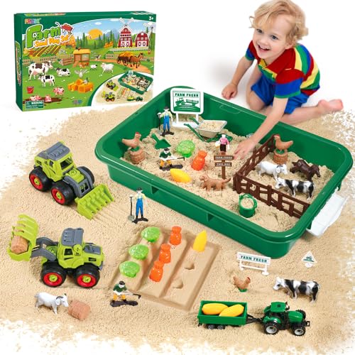 FRUSE Bauernhof Kinetischer Toy Sand,Spielsand Sandspielzeug mit 1 KG Magic Toy Sand,Bauernhof Spielzeug und Traktor Spielzeug,Sandkasten mit Deckel,Sensorisch Sandspielzeug für Kind ab 3 4 5 6 7 8 9 von FRUSE