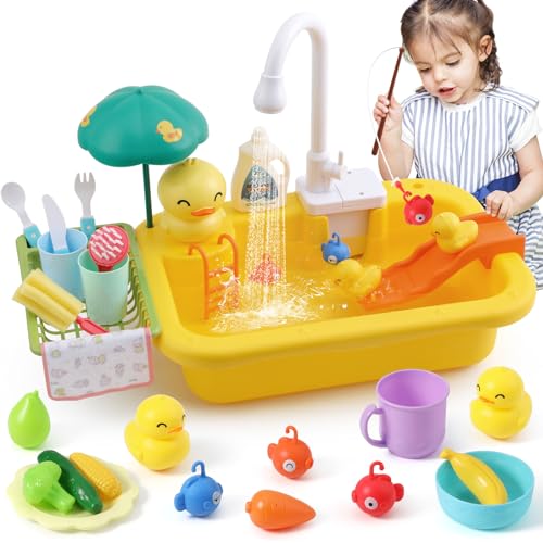 FRUSE Küchenspüle Spielzeug Set,kinderwaschbecken mit Elektrischen Wasserhahn,Kinder Küchenset, Angelspielzeug Rollenspiel Spielzeug für Kinder Jungen Mädchen ab 3 Jahre(Gelb) von FRUSE