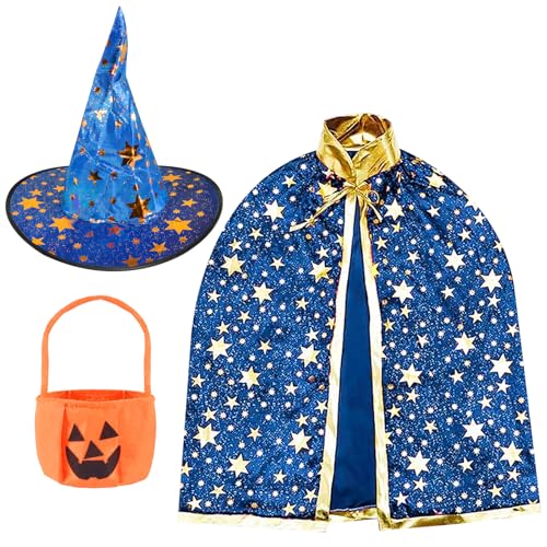 FSSPLJHYJ Kinder Halloween Kostüm Hexen Mantel Wizard Cape Witch Umhang mit Hut Zauberer Mantel mit Kürbis Candy Bag für Jungen Mädchen Halloween Cosplay Geburtstagsparty Karneval Party (Blau) von FSSPLJHYJ