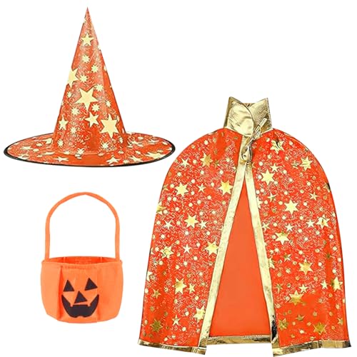 FSSPLJHYJ Kinder Halloween Kostüm Hexen Mantel Wizard Cape Witch Umhang mit Hut Zauberer Mantel mit Kürbis Candy Bag für Jungen Mädchen Halloween Cosplay Geburtstagsparty Karneval Party (Orange) von FSSPLJHYJ