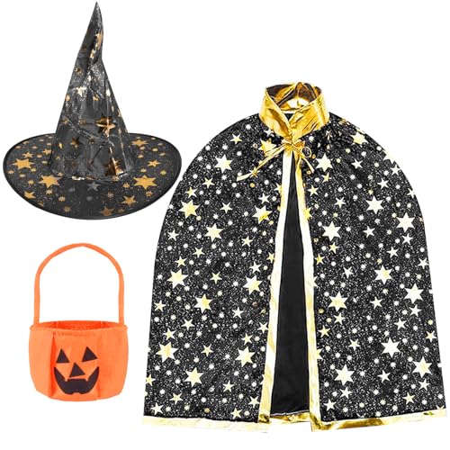 FSSPLJHYJ Kinder Halloween Kostüm Hexen Mantel Wizard Cape Witch Umhang mit Hut Zauberer Mantel mit Kürbis Candy Bag für Jungen Mädchen Halloween Cosplay Geburtstagsparty Karneval Party (Schwarz) von FSSPLJHYJ