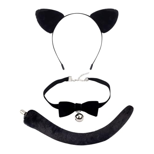 3-teiliges Katzen-Cosplay-Set, flauschige Katzenohren, Stirnband, Fliege, Glocke, Choker, Plüsch-Katzenschwanz, niedliche Tierohren, Kostüm-Set, Katzenmotiv-Kostüm, Zubehör für Frauen und Mädchen von FSSTUD