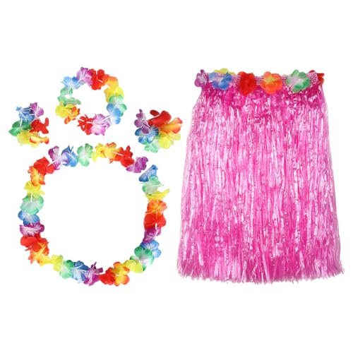 5-teiliges hawaiianisches Hula-Kostüm-Set, elastischer hawaiianischer Grasrock, Hula-Tanzrock, Hawaii-Blume, Halskette, Stirnband, Armband für Strandparty, Hot Pink von FSSTUD