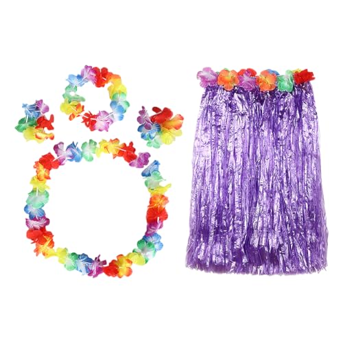 5-teiliges hawaiianisches Hula-Kostüm-Set, elastischer hawaiianischer Grasrock, Hula-Tanzrock, Hawaii-Blume, Halskette, Stirnband, Armband für Strandparty, Lila von FSSTUD