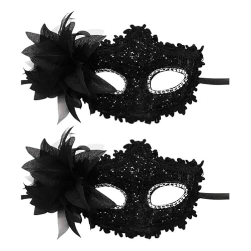 FSSTUD 2 Stück schwarze Maskenballmaske mit Federspitze, glänzende Pailletten, Ballmaske, Karneval, Party, Halloween, Karneval, Augenmaske mit Band für Damen und Herren von FSSTUD