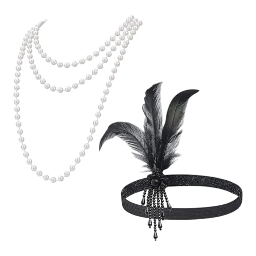 FSSTUD Damen 1920er Jahre Flapper Stirnband Feder Perlen Stirnband Lange Kunstperlen Halskette Fasching Kopfschmuck Abschlussball Party Kostüm Haarband Halskette für Halloween von FSSTUD