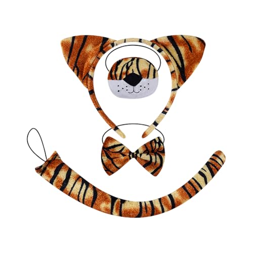 FSSTUD Tiger-Kostüm-Set, Tiger-Stirnbänder, Schwanz, Nase, Fliege, Gelb, Tier-Kostüm-Set, Halloween, Tigerohren, Haarband, 4-teilig von FSSTUD