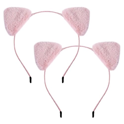 Flauschiges Katzenohren-Haarband, Kopfbedeckung, Halloween-Kostüm, Katzen-Haarband, pelziges Tier-Haarband, niedliches Plüsch-Haarreifen, für Cosplay, Party, Haarschmuck für Damen und Mädchen, Rosa, 2 von FSSTUD