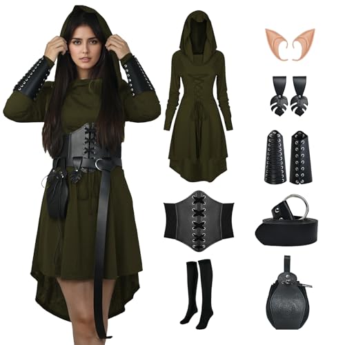 FSUJWOA 8 Stück Renaissance Elfenkostüm für Damen, Gothic Mittelalter Kleidung, Kapuzenkleid mitKorsett und Gürtelzubehör für Halloween Partys (Grüner, 3X-Large) von FSUJWOA