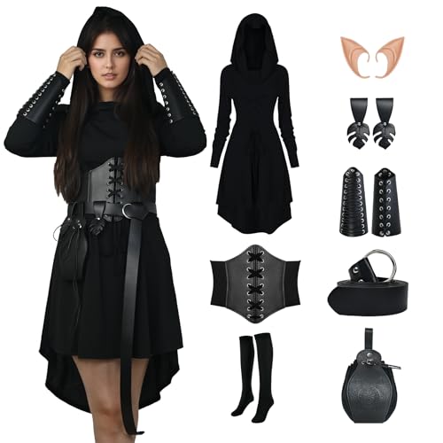 FSUJWOA 8 Stück Renaissance Elfenkostüm für Damen, Gothic Mittelalter Kleidung, Kapuzenkleid mitKorsett und Gürtelzubehör für Halloween Partys (Schwarz, 3X-Large) von FSUJWOA