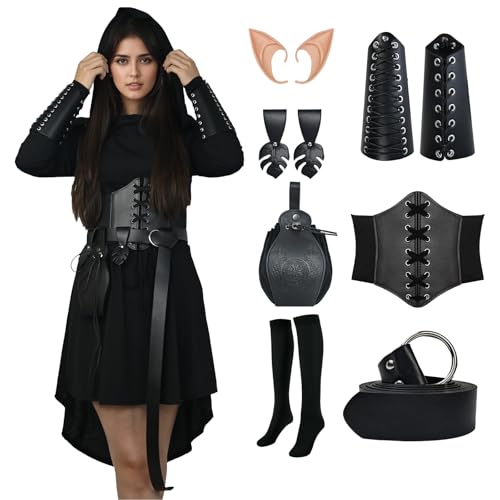 FSUJWOA 8 Stück Renaissance Elfenkostüm für Damen, Gothic Mittelalter Kleidung, Kapuzenkleid mitKorsett und Gürtelzubehör für Halloween Partys (Schwarz, Medium) von FSUJWOA