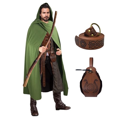 FSUJWOA Renaissance Kapuzenumhang Medieval Hobbit Waist Bag and Belt herren Hexenmantel mit Kapuze (Grüner) von FSUJWOA