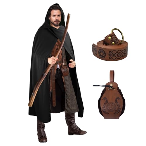 FSUJWOA Renaissance Kapuzenumhang Medieval Hobbit Waist Bag and Belt herren Hexenmantel mit Kapuze (Schwarz) von FSUJWOA