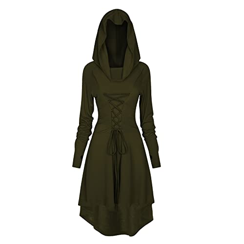 FSUJWOA Renaissance Kostüm Damen Robe Gothic Kleid Damen Mittelalter Renaissance Mit Kapuze Kleid Halloween Party Kostüm (L, grün) von FSUJWOA