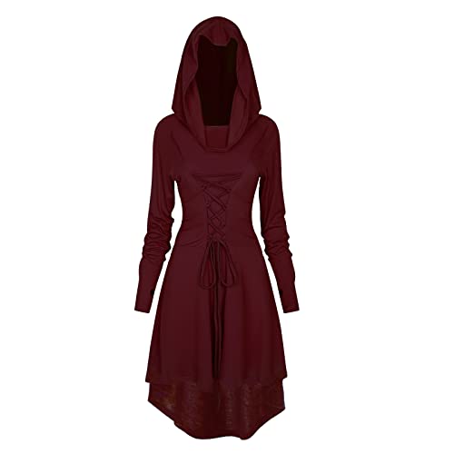 FSUJWOA Renaissance Kostüm Damen Robe Gothic Kleid Damen Mittelalter Renaissance Mit Kapuze Kleid Halloween Party Kostüm (L, rot) von FSUJWOA