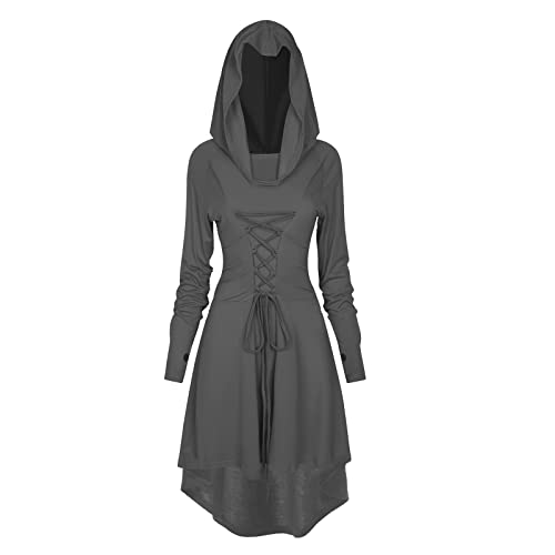 FSUJWOA Renaissance Kostüm Damen Robe Gothic Kleid Damen Mittelalter Renaissance Mit Kapuze Kleid Halloween Party Kostüm (M, Asche) von FSUJWOA