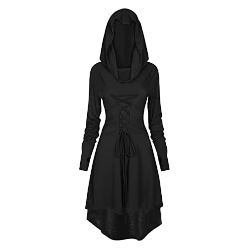 FSUJWOA Renaissance Kostüm Damen Robe Gothic Kleid Damen Mittelalter Renaissance Mit Kapuze Kleid Halloween Party Kostüm (M, Schwarz) von FSUJWOA