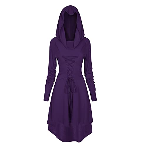 FSUJWOA Renaissance Kostüm Damen Robe Gothic Kleid Damen Mittelalter Renaissance Mit Kapuze Kleid Halloween Party Kostüm (M, Violett) von FSUJWOA