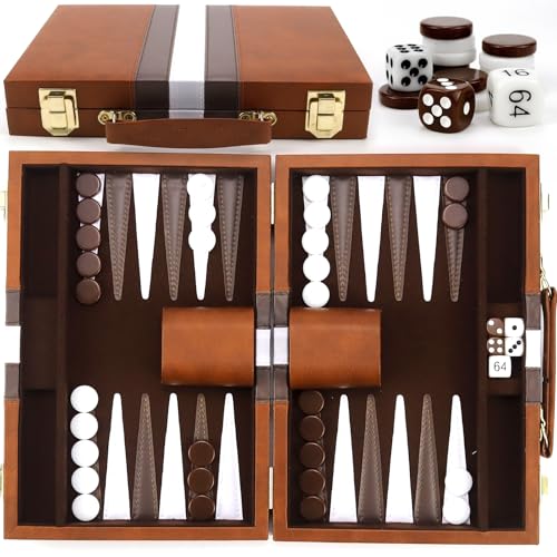 Backgammon, Backgammon Koffer, Backgammon Holz,mit Hochwertiger Ledertasche Tragbares und Reise-Backgammon-Set (Braun) von FSWWSF