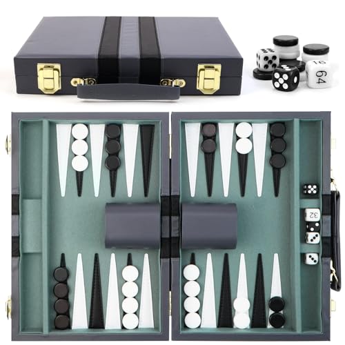 Backgammon Koffer, mit Hochwertiger Ledertasche Tragbares und Reise-Backgammon-Set (Blau-grau) von FSWWSF