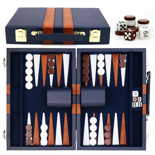 Backgammon Koffer, mit Hochwertiger Ledertasche Tragbares und Reise-Backgammon-Set (Marineblau) von FSWWSF