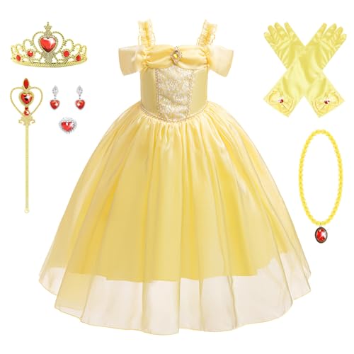 FStory&Winyee Belle Kostüm für Mädchen Kinder Prinzessinnenkleid Tutu Dress mit Drop Shoulder Baby Kinderkleid mit Halskette Krone Zauberstab für Verkleidung Halloween Karneval Cosplay, 110 von FStory&Winyee