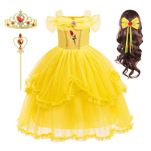 FStory&Winyee Belle Prinzessin Kostüm für Mächen Kinder Tutu Gelbes Kleid mit Perücke Kinderkleider für Verkleidung Halloween Geschenk Geburtstag Halloween Karneval Cosplay, Gelb, 100 von FStory&Winyee